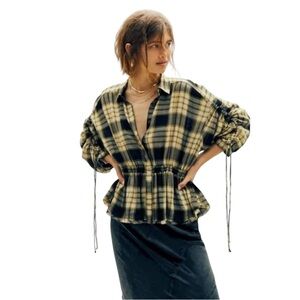 Free People Pacific Dawn Plaid Button Up Shirt Drawstring XS Western Country